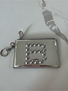 Tory Burch Silver Metallic “B” Studded Card Holder and Key Ring